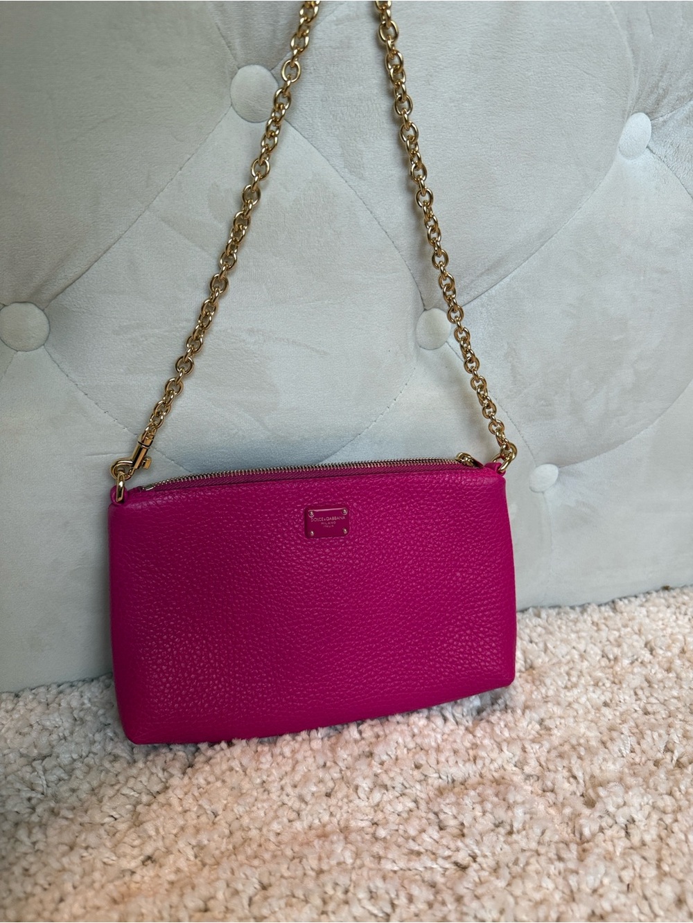 Dolce & Gabbana fuchsia hot pink leather gold chain clutch purse wristlet
